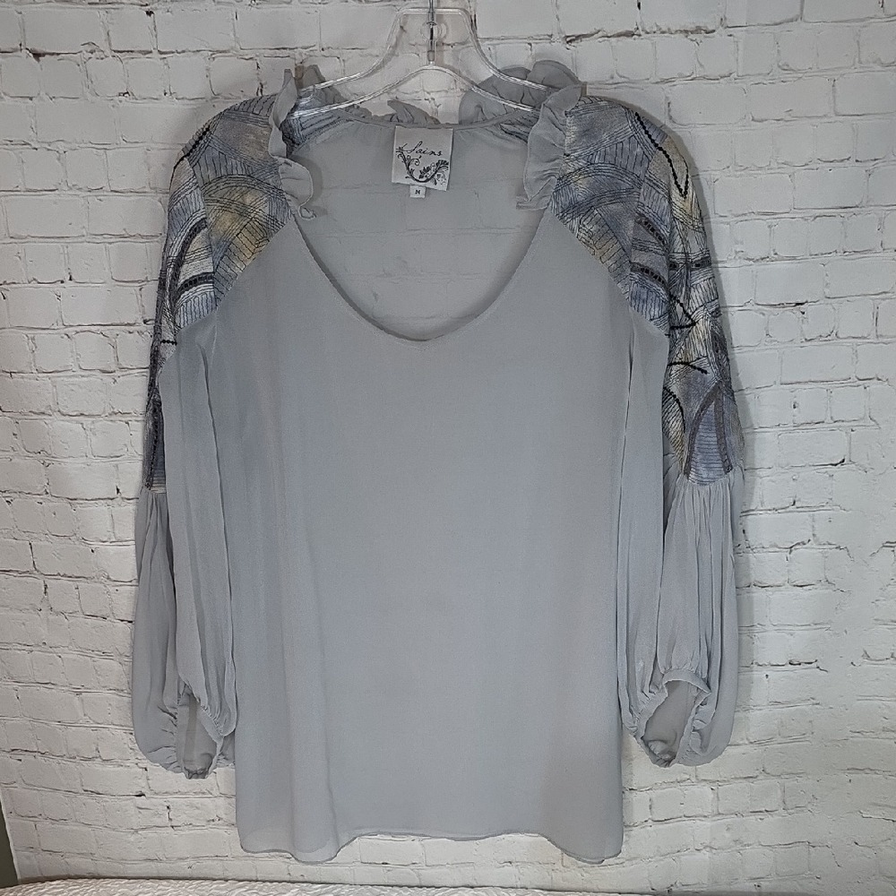 Sains from Anthropologie Gray  Ruffle Blouse Sheer Patterned Sleeves Size M‎